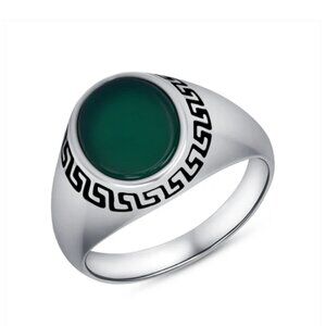 Sterling Silver 925 Green Greek Design Men's Ring